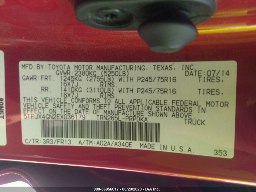2014 TOYOTA TACOMA PRERUNNER - 5TFJX4GN2EX036179