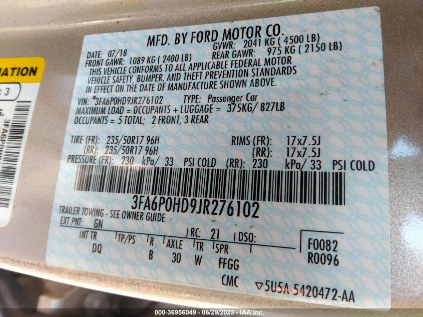 2018 FORD FUSION SE - 3FA6P0HD9JR276102