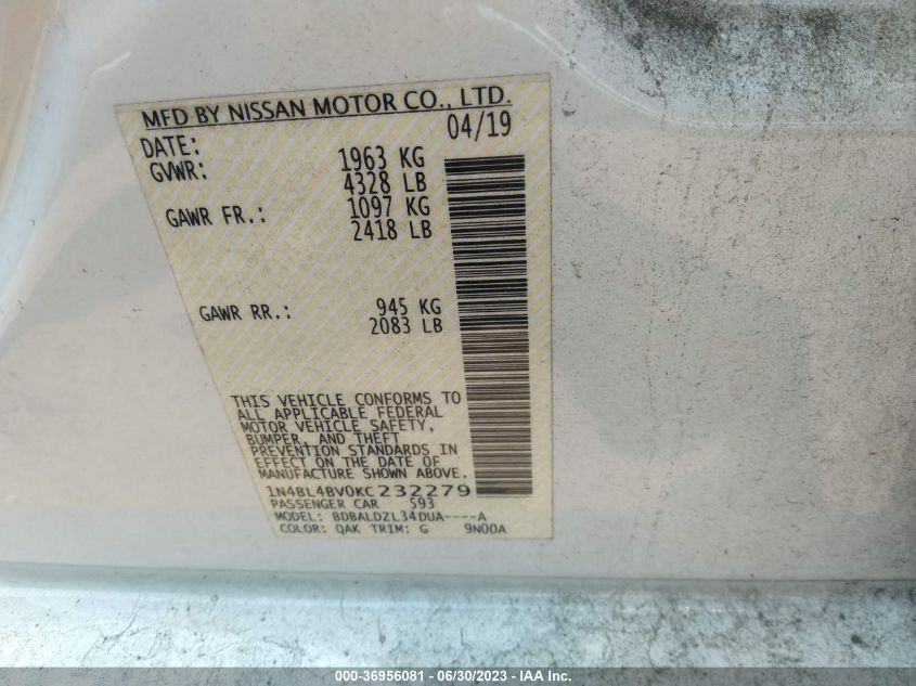2019 NISSAN ALTIMA S - 1N4BL4BVOKC232279