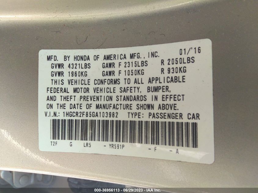 2016 HONDA ACCORD SEDAN EX-L - 1HGCR2F85GA103982