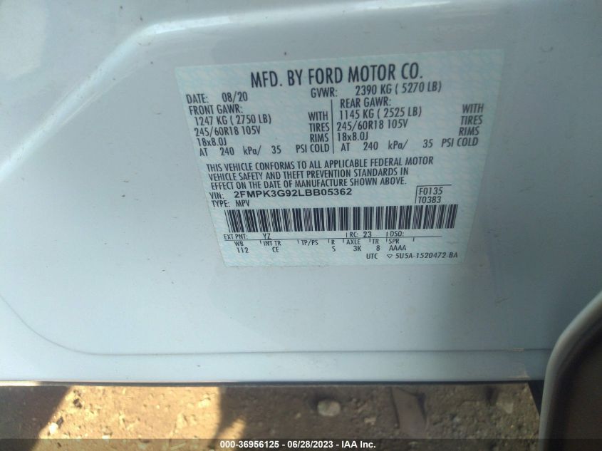 2FMPK3G92LBB05362 2020 FORD EDGE, photo no. 9