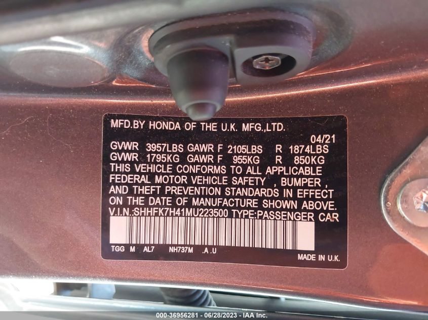 2021 HONDA CIVIC HATCHBACK SPORT - SHHFK7H41MU223500