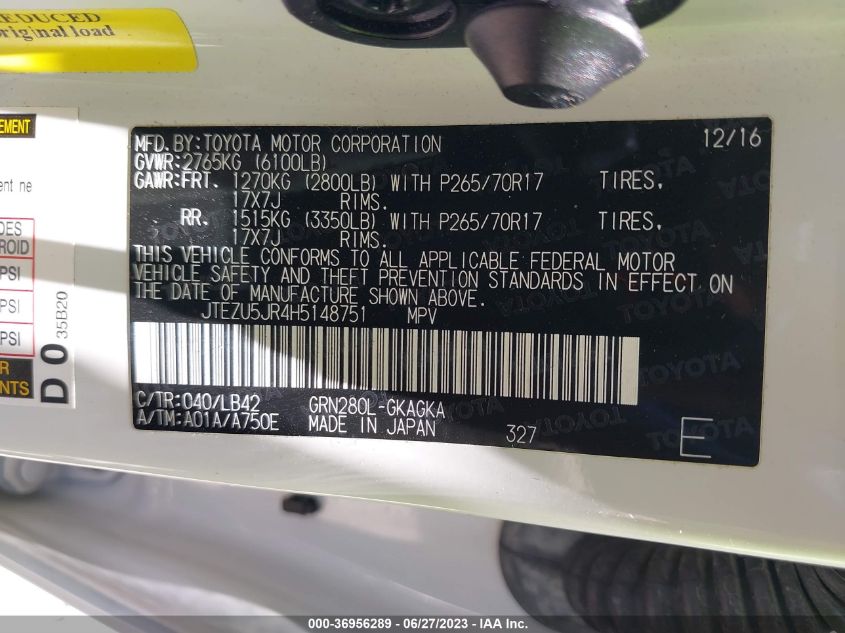 2017 TOYOTA 4RUNNER SR5/SR5 PREMIUM/LIMITED - JTEZU5JR4H5148751