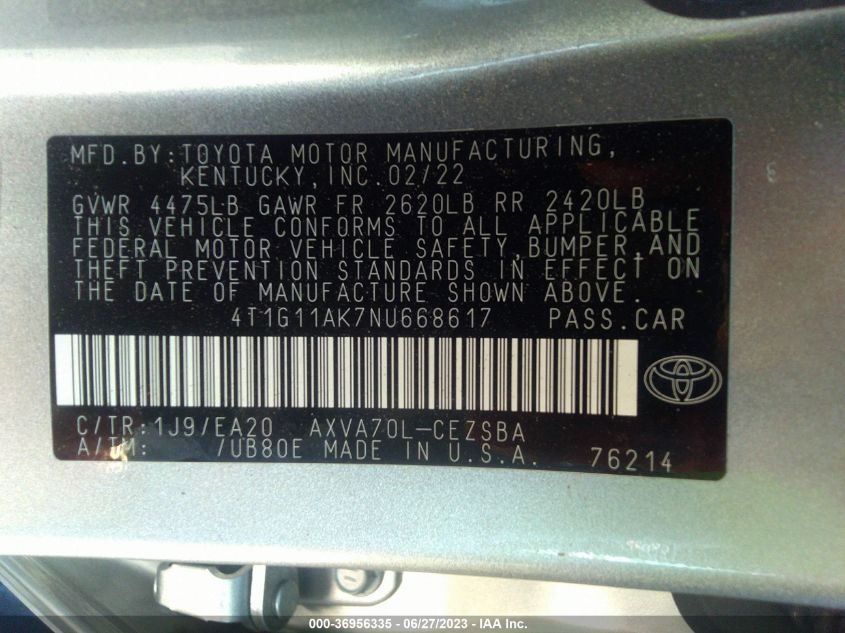 2022 TOYOTA CAMRY SE - 4T1G11AK7NU668617