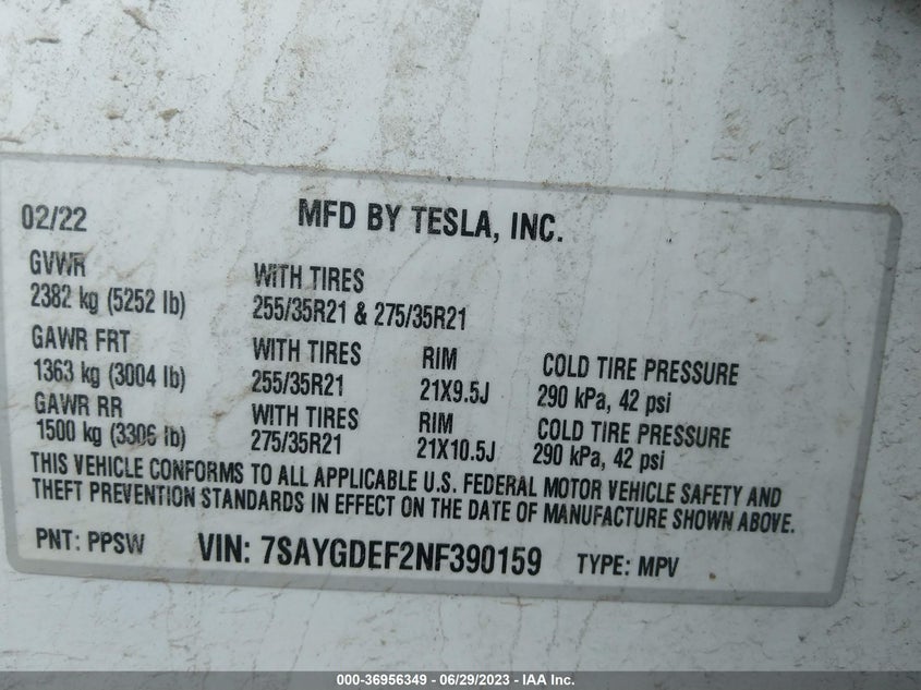 VIN 7SAYGDEF2NF390159 2022 TESLA MODEL Y PERFORMANCE