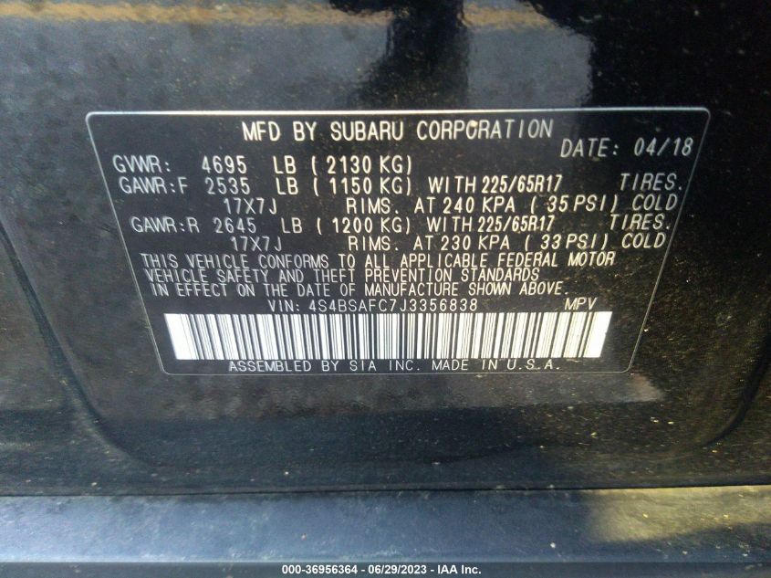 2018 SUBARU OUTBACK PREMIUM - 4S4BSAFC7J3356838