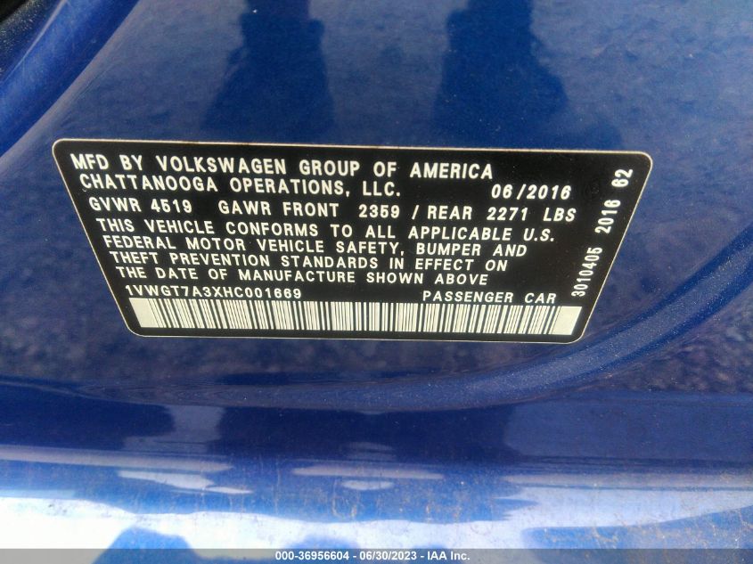 2017 VOLKSWAGEN PASSAT 1.8T SE W/TECHNOLOGY - 1VWGT7A3XHC001669
