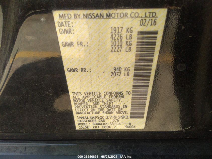 2016 NISSAN ALTIMA 2.5/S/SV/SL/SR - 1N4AL3AP5GC178591