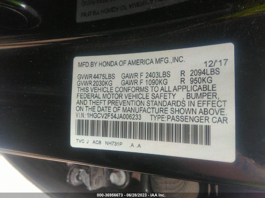 2018 HONDA ACCORD SEDAN EX-L 2.0T - 1HGCV2F54JA006233