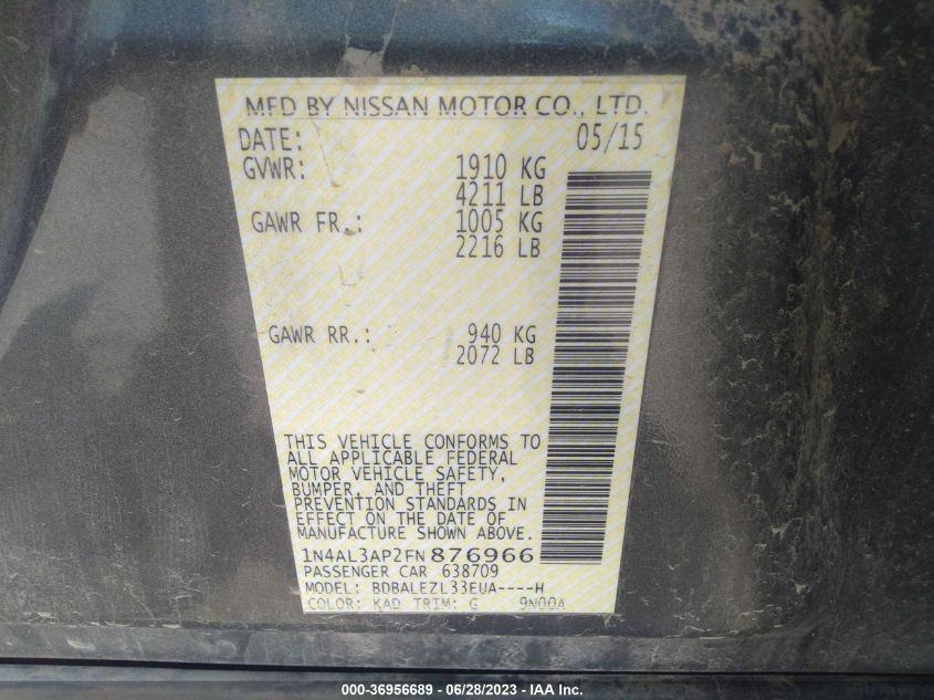 2015 NISSAN ALTIMA 2.5 S - 1N4AL3AP2FN876966