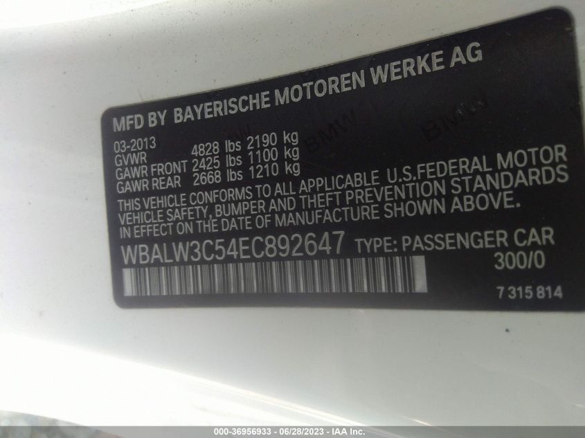 2014 BMW 6 SERIES 640I - WBALW3C54EC892647