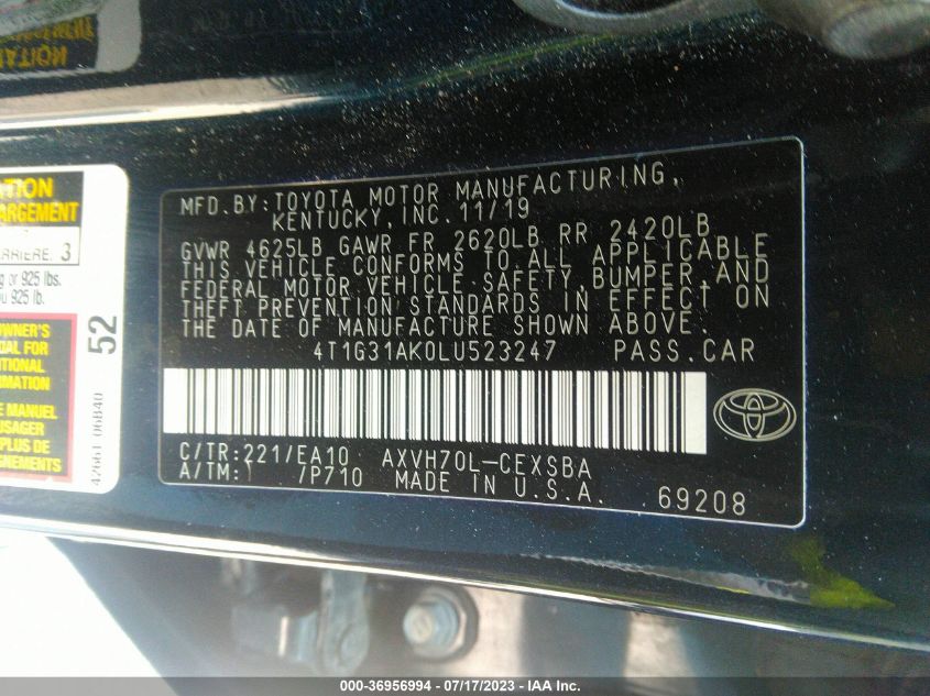 2020 TOYOTA CAMRY HYBRID SE - 4T1G31AK0LU523247