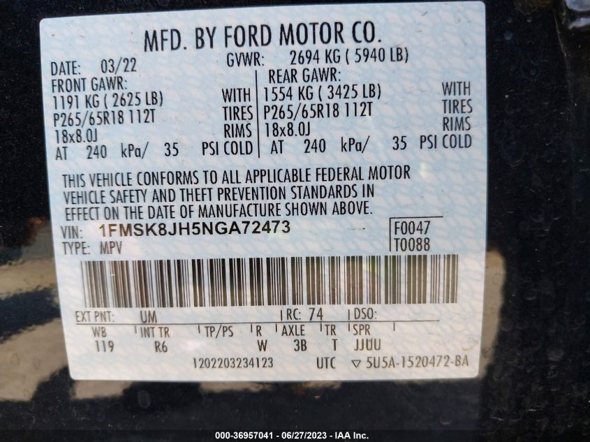 2022 FORD EXPLORER TIMBERLINE - 1FMSK8JH5NGA72473