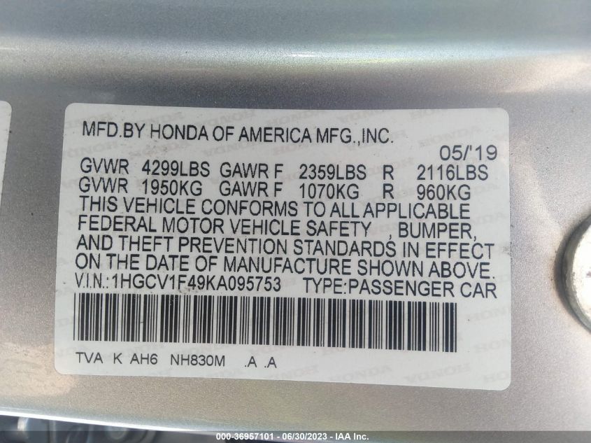 2019 HONDA ACCORD SEDAN EX 1.5T - 1HGCV1F49KA095753