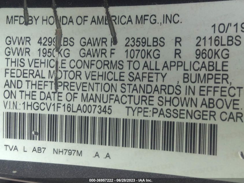 2020 HONDA ACCORD SEDAN LX - 1HGCV1F16LA007345