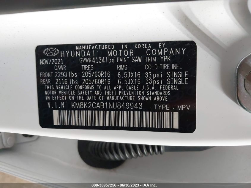 2022 HYUNDAI KONA SE - KM8K2CAB1NU849943