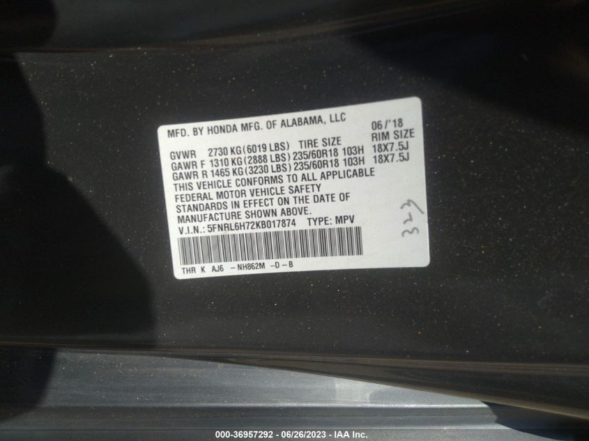 5FNRL6H72KB017874 Honda Odyssey EX-L 9