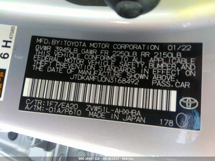 2022 TOYOTA PRIUS L - JTDKAMFU0N3168492