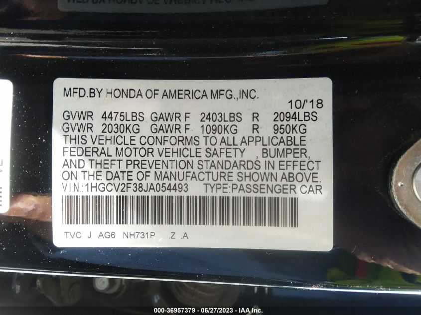 2018 HONDA ACCORD SEDAN SPORT 2.0T - 1HGCV2F38JA054493