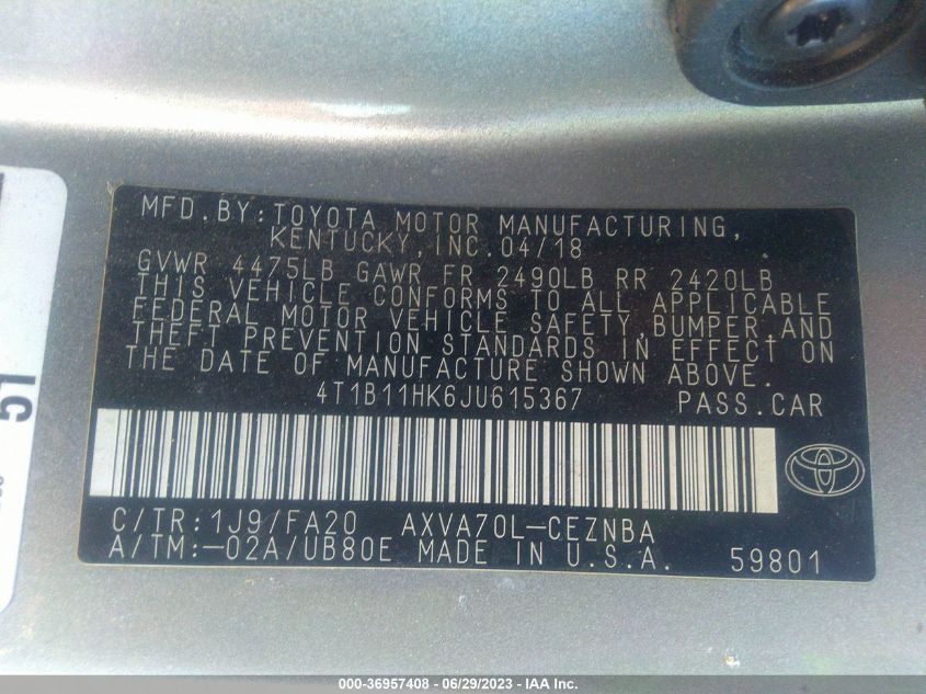 2018 TOYOTA CAMRY LE/SE/XLE/L - 4T1B11HK6JU615367