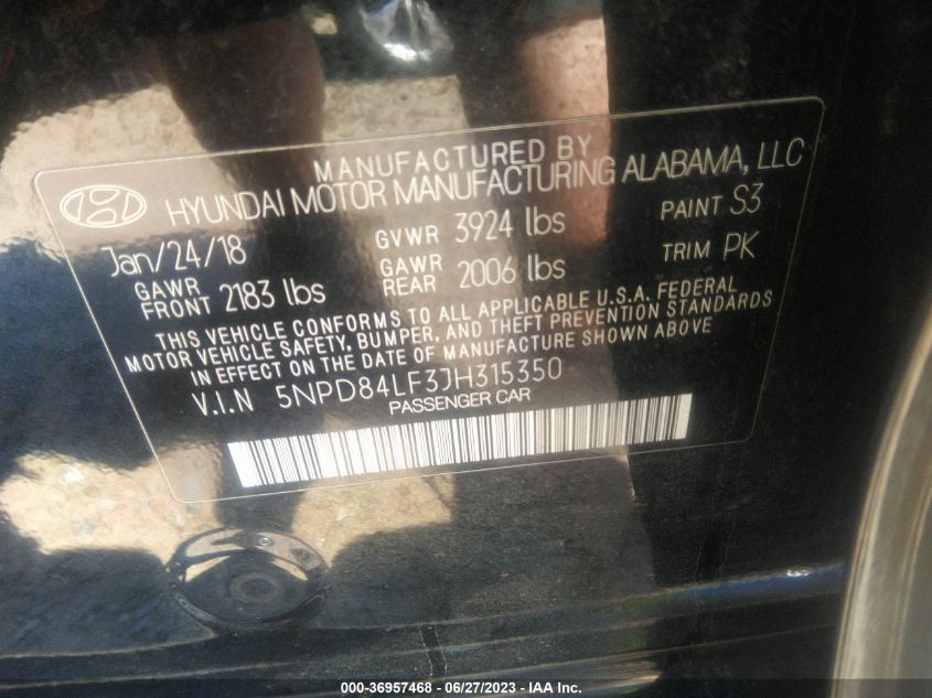 2018 HYUNDAI ELANTRA LIMITED/VALUE EDITION/SEL - 5NPD84LF3J8315350
