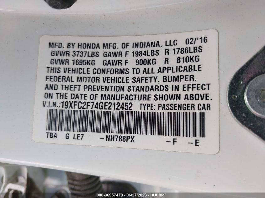 2016 HONDA CIVIC SEDAN EX - 19XFC2F74GE212452