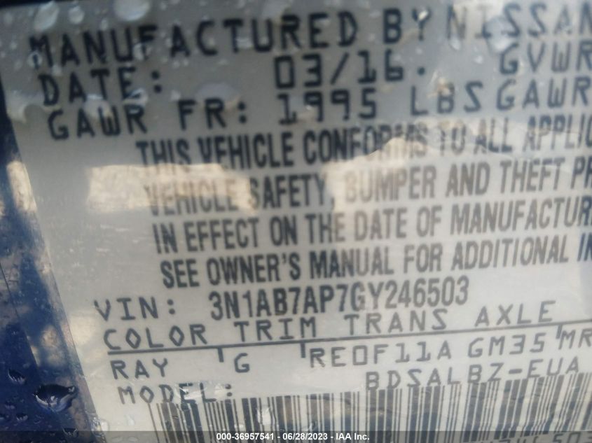 2016 NISSAN SENTRA S - 3N1AB7AP7GY246503
