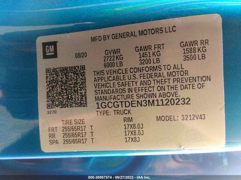 2021 CHEVROLET COLORADO 4WD Z71 - 1GCGTDEN3M1120232