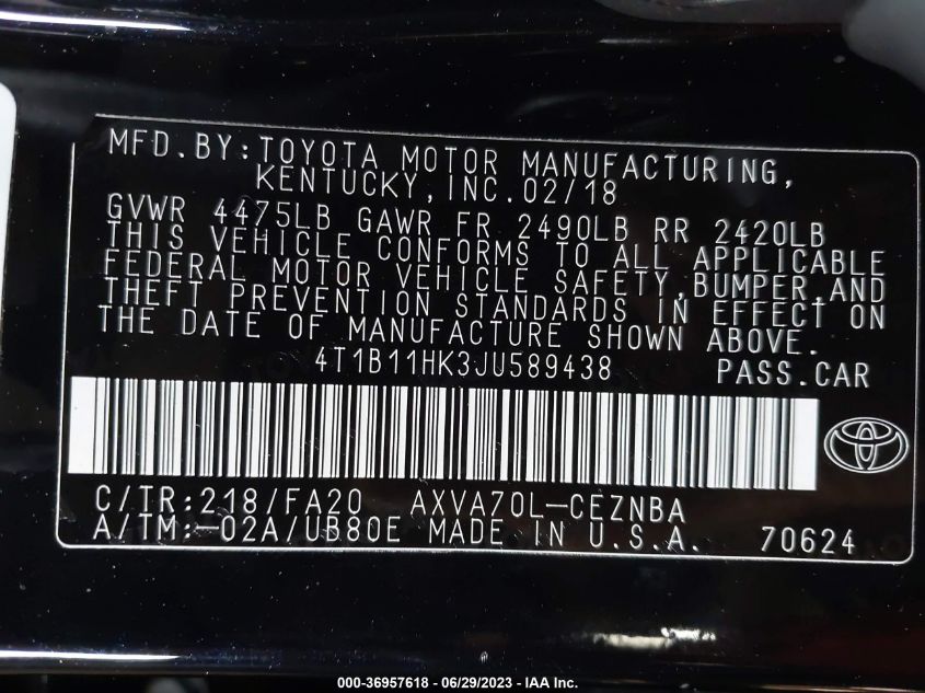 2018 TOYOTA CAMRY LE/SE/XLE/L - 4T1B11HK3JU589438