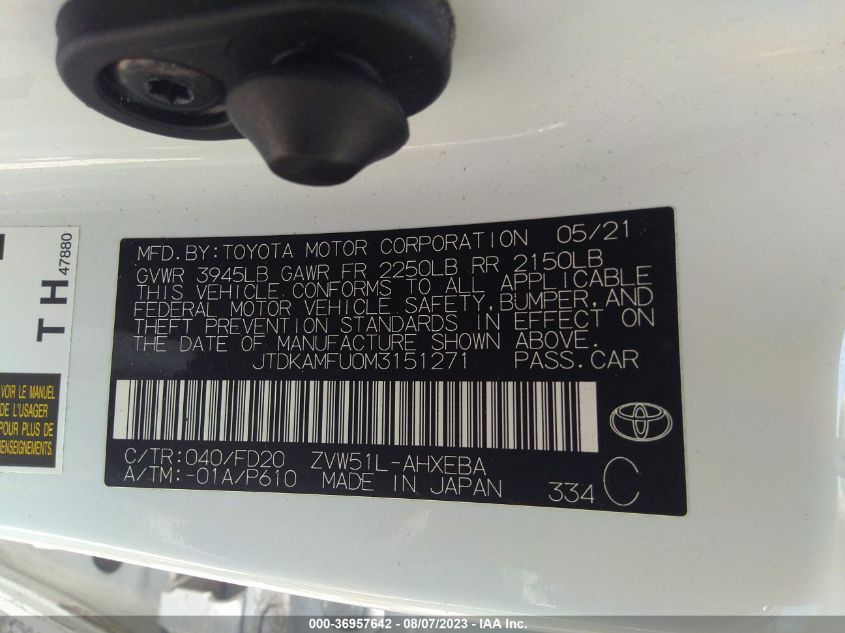 2021 TOYOTA PRIUS L - JTDKAMFU0M3151271