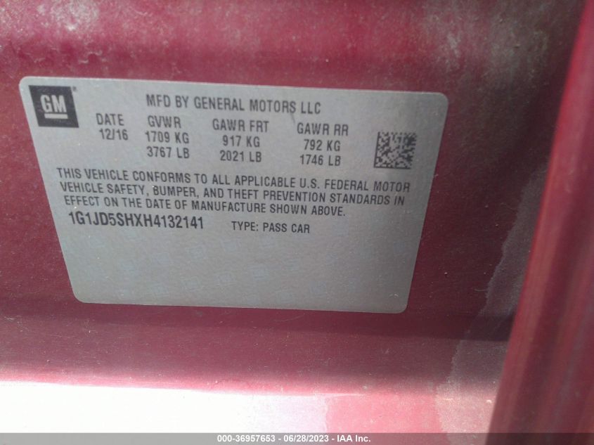 2017 CHEVROLET SONIC LT - 1G1JD5SHXH4132141