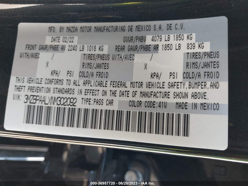 VIN 3MZBPAALXNM302092 2022 MAZDA MAZDA3 SEDAN 2.5 S