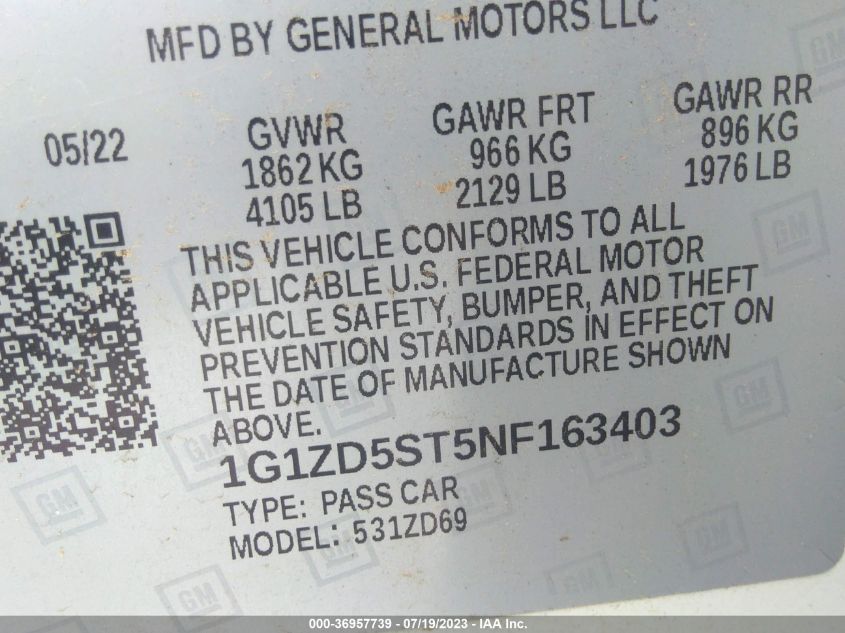 2022 CHEVROLET MALIBU LT - 1G1ZD5ST5NF163403