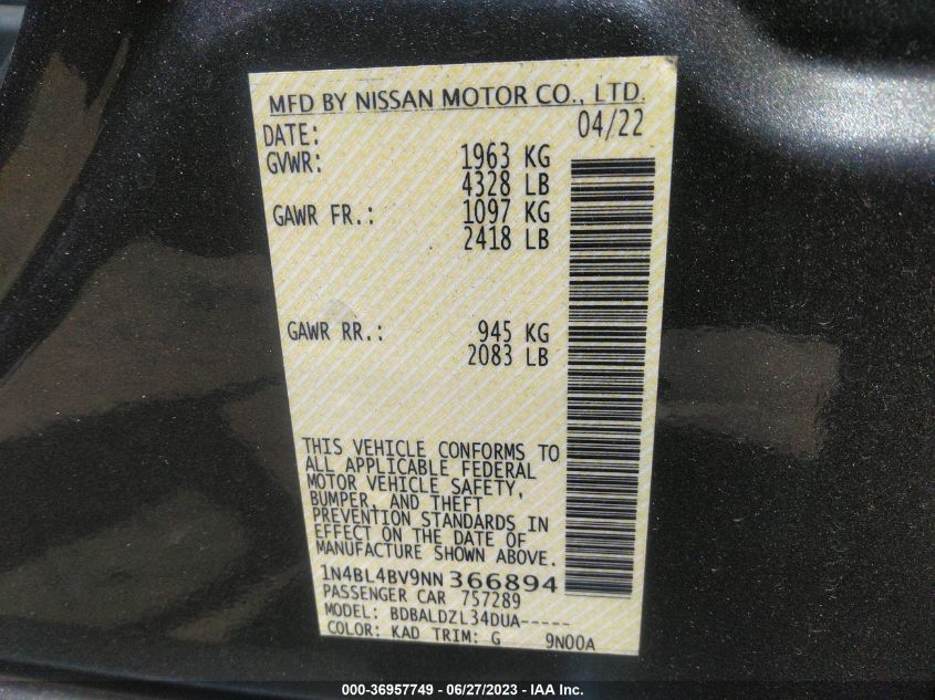 2022 NISSAN ALTIMA 2.5 S - 1N4BL4BV9NN366894