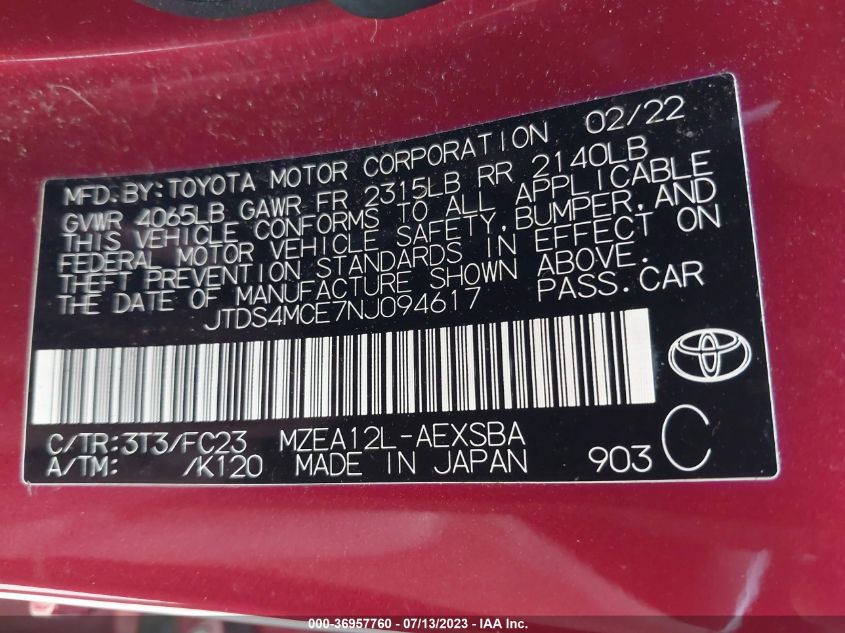 2022 TOYOTA COROLLA SE/SE NIGHTSHADE/APEX SE - JTDS4MCE7NJ094617