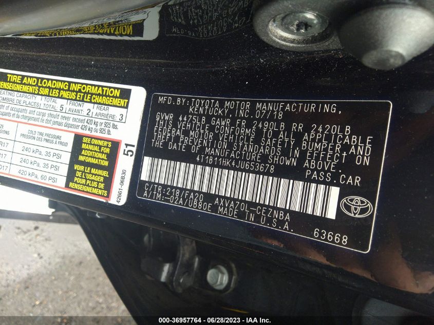 2018 TOYOTA CAMRY LE/SE/XLE/L - 4T1B11HK4JU653678