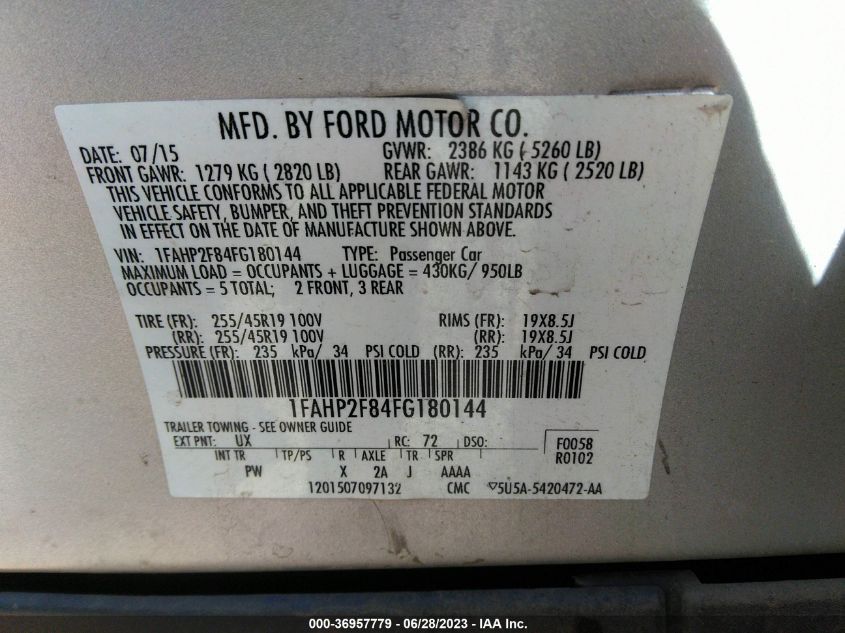 2015 FORD TAURUS LIMITED - 1FAHP2F84FG180144