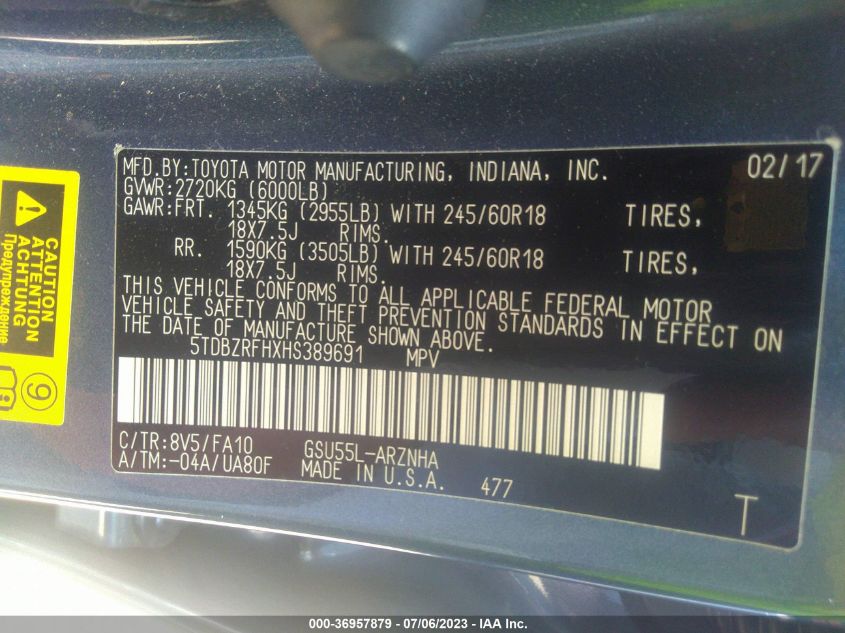 2017 TOYOTA HIGHLANDER LE - 5TDBZRFHXHS389691