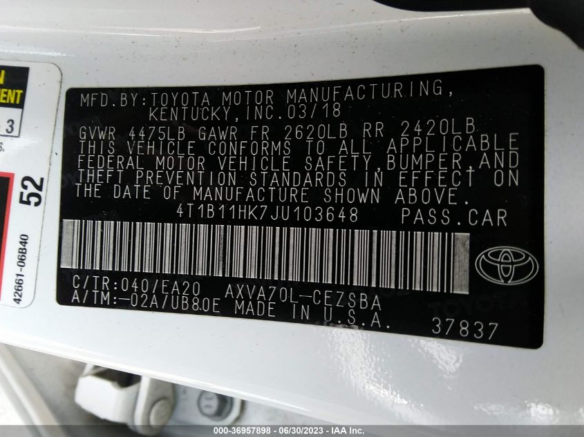 2018 TOYOTA CAMRY LE/SE/XLE/L - 4T1B11HK7JU103648