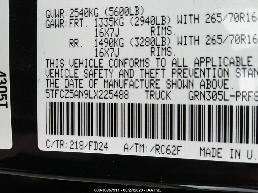 2020 TOYOTA TACOMA 4WD SR5/TRD SPORT - 5TFCZ5AN9LX225488