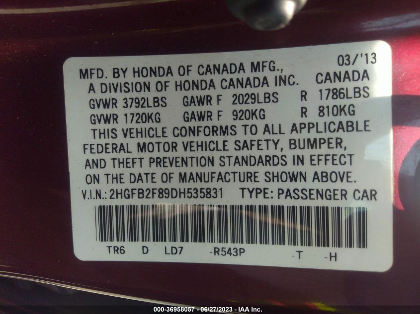 2013 HONDA CIVIC SDN EX - 2HGFB2F89DH535831