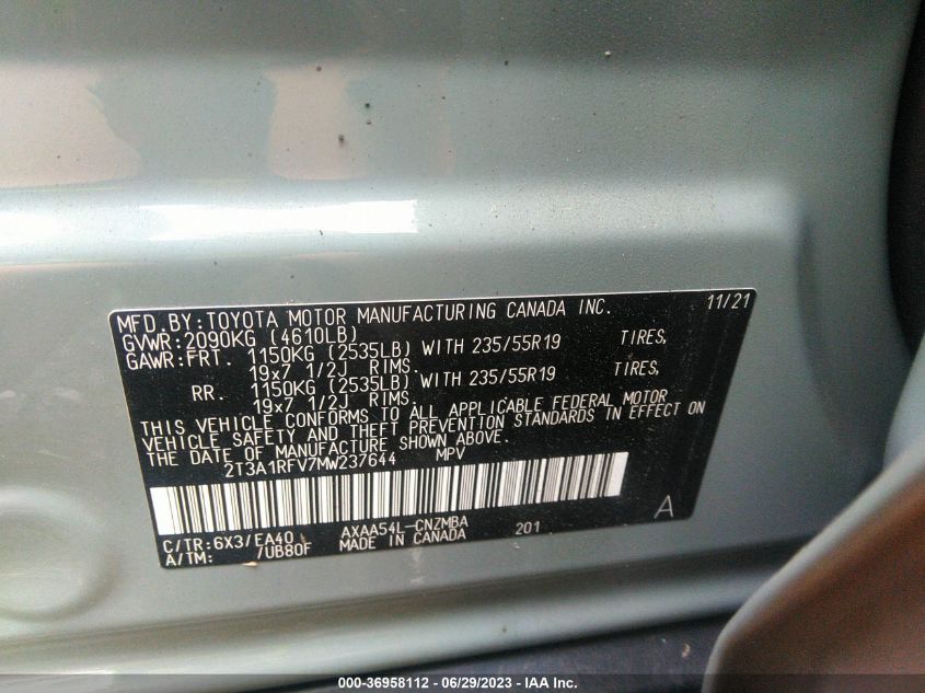 2021 TOYOTA RAV4 XLE PREMIUM - 2T3A1RFV7MW237644
