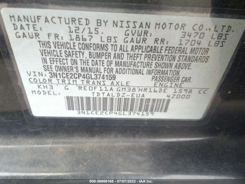 2016 NISSAN VERSA NOTE SV - 3N1CE2CP4GL374159
