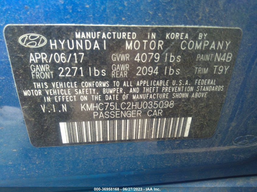 2017 HYUNDAI IONIQ HYBRID SEL - KMHC75LC2HU035098