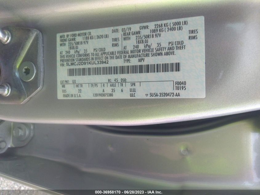 2019 LINCOLN MKC SELECT - 5LMCJ2D91KUL33942