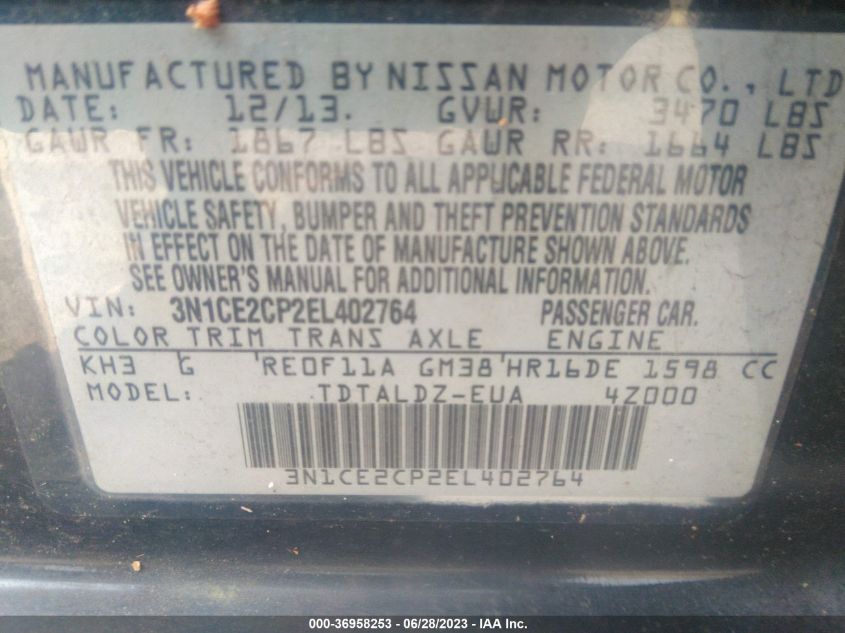2014 NISSAN VERSA NOTE S/S PLUS/SV/SL - 3N1CE2CP2EL402764