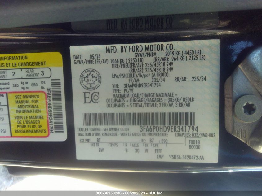 3FA6P0HD9ER341794 2014 FORD FUSION, photo no. 9