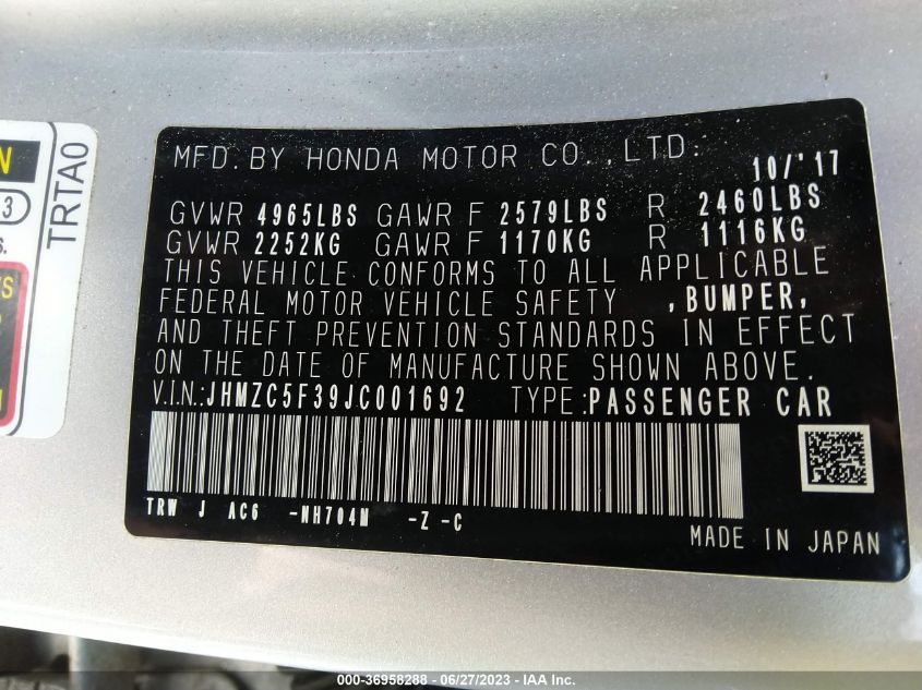 2018 HONDA CLARITY PLUG-IN HYBRID TOURING JHMZC5F39JC001692