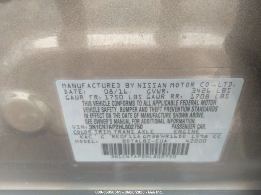 2017 NISSAN VERSA SEDAN S/S PLUS/SL/SV - 3N1CN7AP2HL802750
