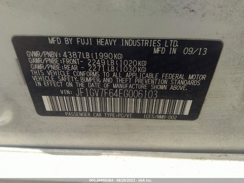 2014 SUBARU IMPREZA SEDAN WRX WRX LIMITED JF1GV7F64EG006103